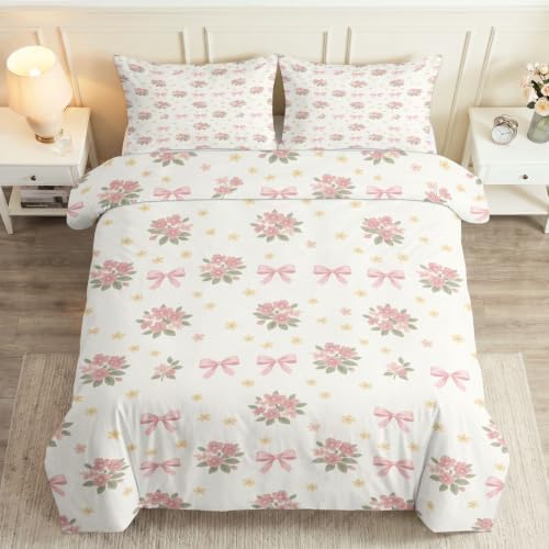 King Duvet Cover Set Soft Microfiber Pink Flowers