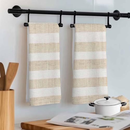 Vintage Linen Kitchen Towels Set of 3, 18x26 Inch, Striped Beige Theme