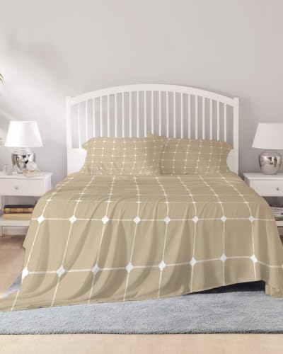 Queen Size Sheet Set 4 Pieces White Dots Grid Lines Fitted Sheets with