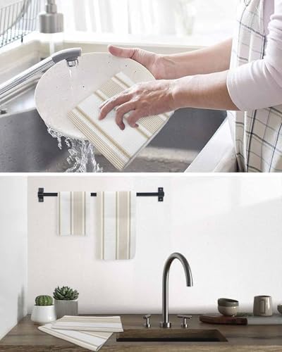 Beige Striped Dish Towels Set, Waffle Weave Kitchen Towels 3 Pieces