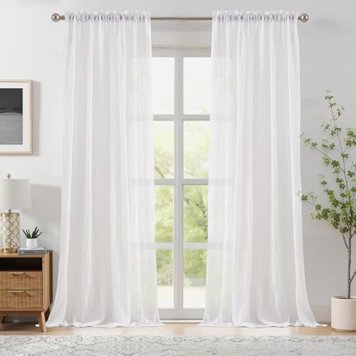 Melodieux White Sheer Curtains 108 Inches Long for Living Room Patio