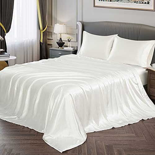 Vonty Satin Split King Ivory White Sheets, 2 Fitted + Flat + 2