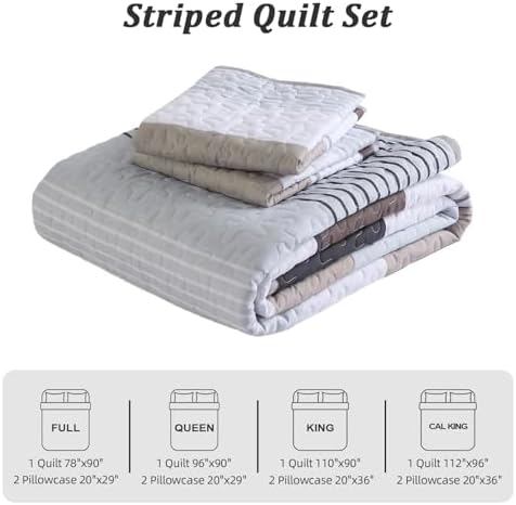 Dinjoy Queen Size Boho Stripe Quilt Set, Grey Brown Lightweight