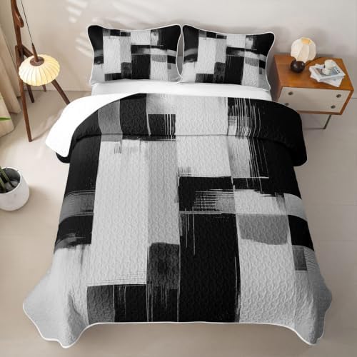 Feelyou Abstarct 3 Piece Quilt Set King Black Gray Bedding Set