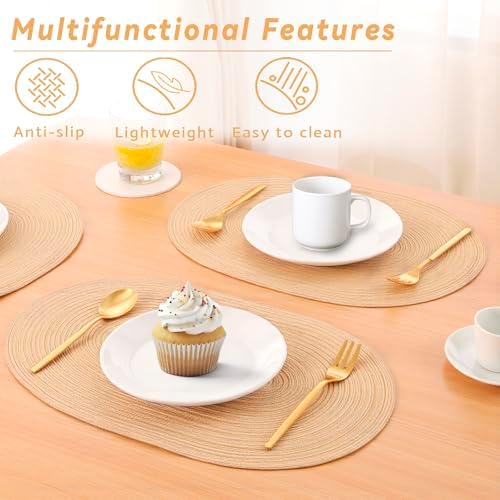CAMAL Oval Placemats Set of 8, Cotton Woven Table Mats Washable Non