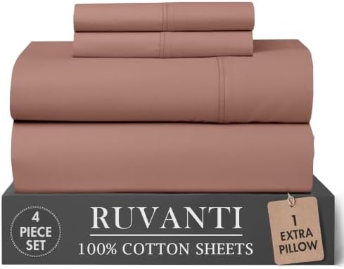 RUVANTI 100% Cotton Twin XL Sheets, Percale Weave Twin XL Set, Mocha