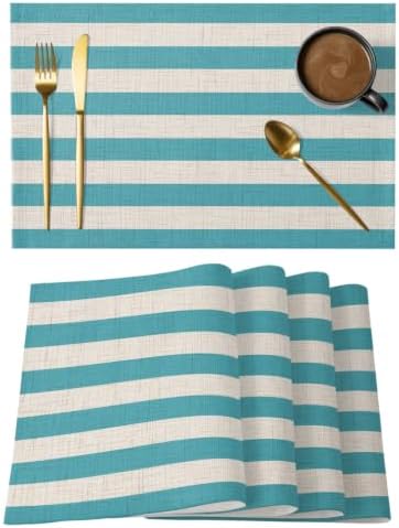Aqua Beige Striped Placemats Set of 6, Cotton Linen Fabric Place Mats