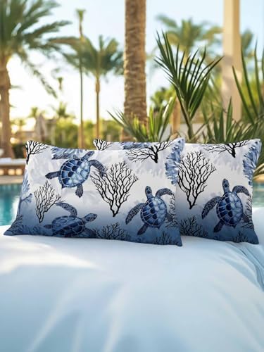 Throw Pillows 12x20 Set of 2, Coastal Sea Turtles Waterproof Outdoor