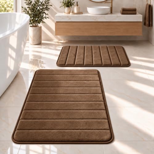 Beige Bathroom Rugs Set 2 Piece Memory Foam Bath Non-Slip Bath