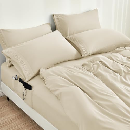 BYSURE 6 Pieces Bed Sheets Set with Pockets on Side(Full, Cream)