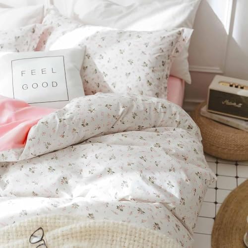 Pink Floral Duvet Cover Queen Size, 3 Piece White Flower Botanical