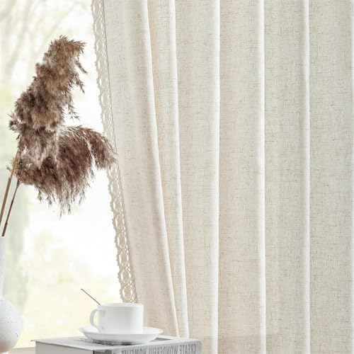 Beige Linen Curtains 63 Inch Long for Bedroom Living Room Semi Sheer