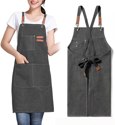 Unisex Aprons with Large Pockets,Cotton Canvas Cross Back Heavy Duty