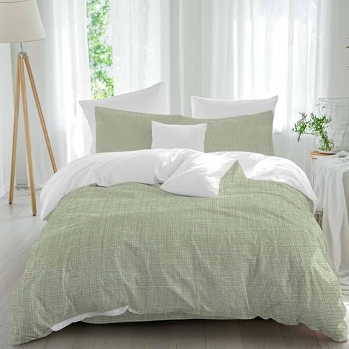 Sage Green Burlap Texture Duvet Cover Set, Farmhouse Vintage Sage