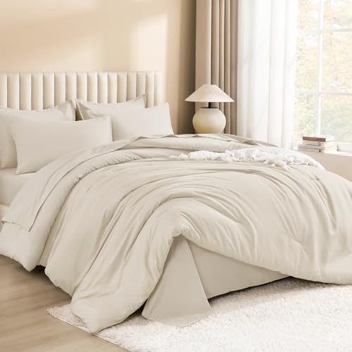 Litanika King Comforter Set with Sheets Beige - 7 Pieces Solid Bed in
