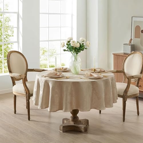 Newbridge Barcelona Damask 70 Inch Round Tablecloth, Golden Beige