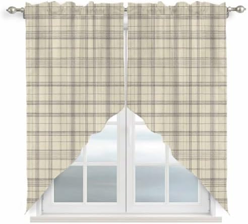 Beige Grid Gingham Swag Valance Curtains Abstract Modern Minimalist