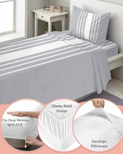 3 Piece Twin XL Sheet Set Light Grey Striped Sheets Set for Twin XL