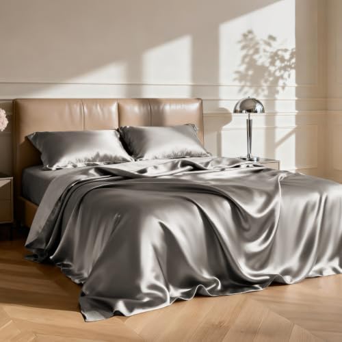 Love's cabin Satin Queen Sheets Set, 4 Pieces, Taupe Grey, 15" Deep