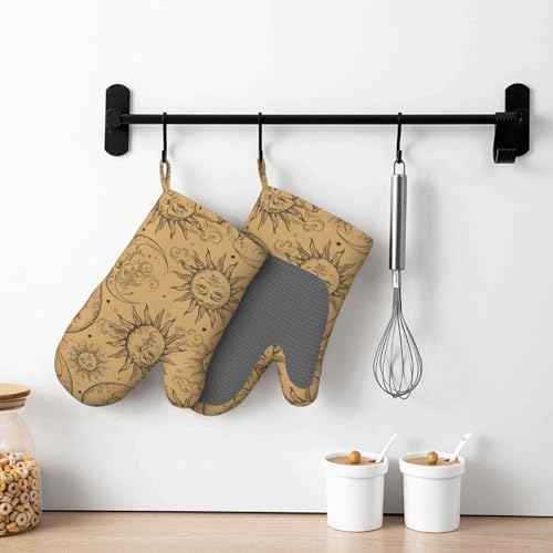 Tan Beige Vintage Celestial Sun Moon Stars Oven Mitts 2 Pack Kitchen