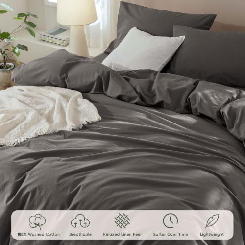 JIYUAN California King Washed Cotton Duvet Cover Set, Relaxed Linen