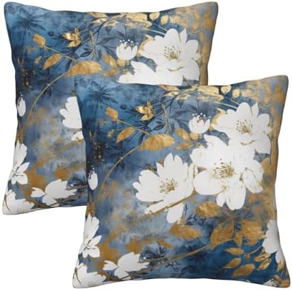 Blue Flower Throw Pillow Covers 20x20 inch Set of 2 Abstract Gold Leaf
