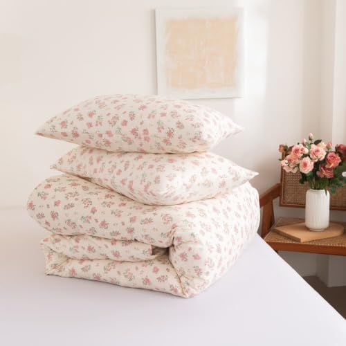Floral Duvet Cover Set Queen Size, 3 Pieces Pink Flower and Green Leaf
