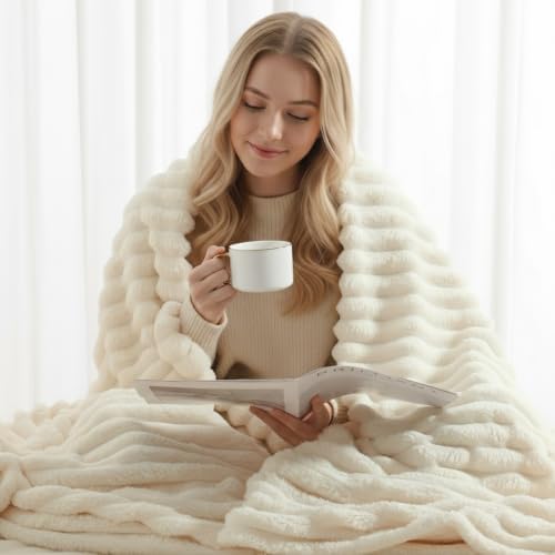 decorUhome Cream White Fleece King Blanket 108x90 Inches
