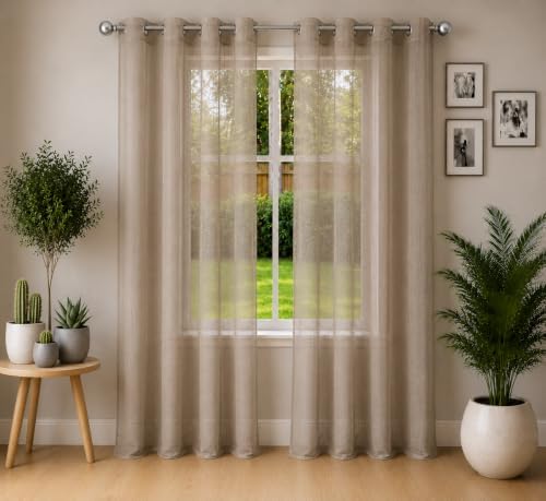 Sand Taupe Sheer Curtains 84 Inch 2 Panels with Chrome Silver