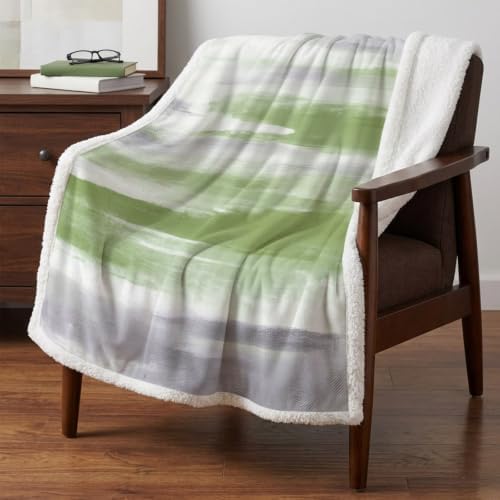 Fleece Sherpa Bed Blankets, Sage Green Gray Microfiber Plush Flannel