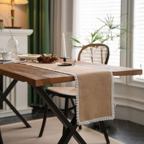 118.1 Inch Long Kitchen Table Runner,Cotton Linen Blend,Khaki White