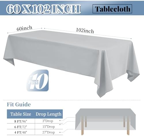 fani 10 Packs Light Grey Tablecloth - 60 x 102 Inch for 6Ft Tables