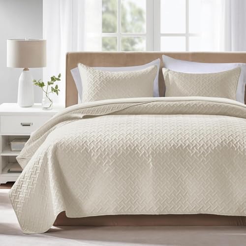 FLYMME Quilts King Size,Lightweight Cream Bedspreads,Basket Weave