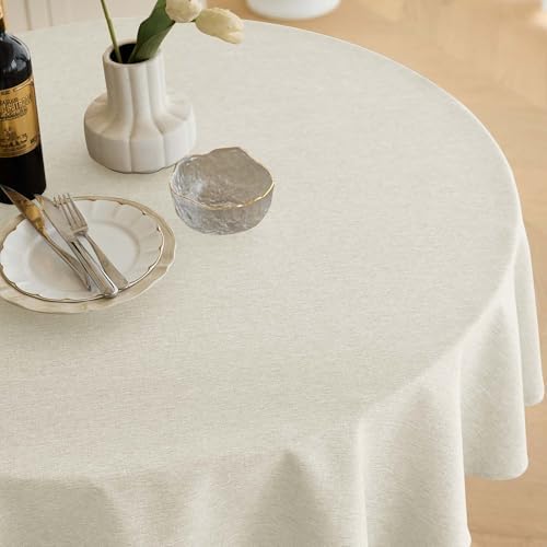 Decorelia Waterproof Faux Linen Tablecloth for Round Dining Table