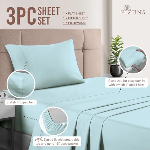 Pizuna 100% Cotton Sheets Set Twin 400 Thread Count Baby Blue