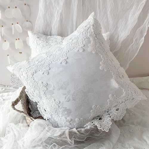 White Rose Jacquard Pillow Covers, Embroidered Lace Trim Throw