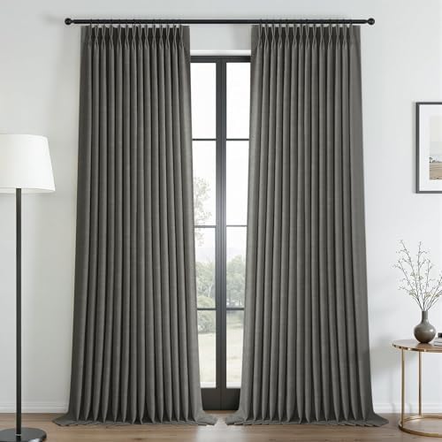 96 Inch Linen Pinch Pleated Full Blackout Curtains for Bedroom Carbon