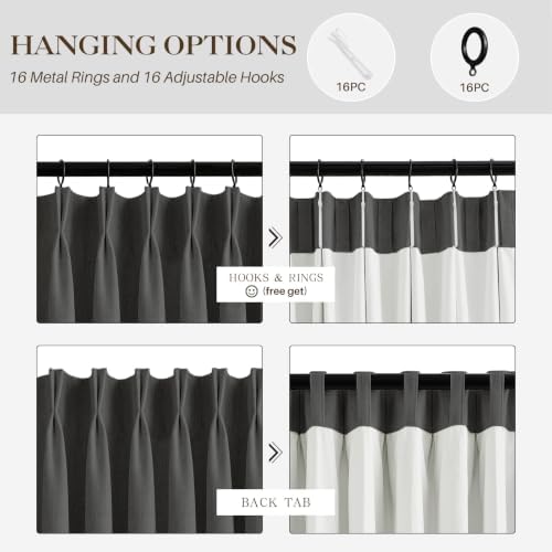 IVAPUPU Dark Grey Pinch Pleated Full Blackout Linen Curtains 108 Inch