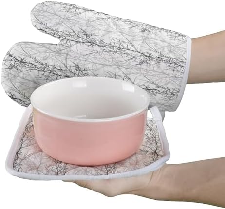 Kitchen Oven Gloves Tree Branch Oven Mitts Pot Holder Set Grey Hot Pad