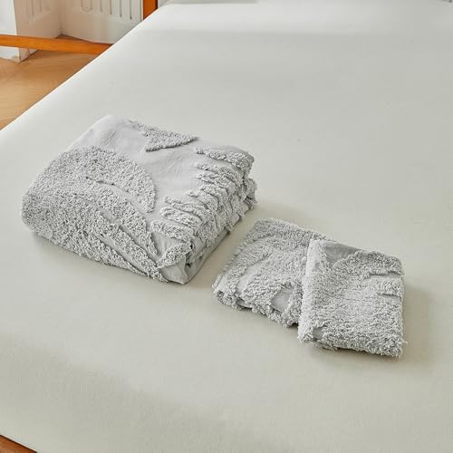 Grey Full Duvet Cover Set, Boho Tufted Palm Leaf Bedding, Soft