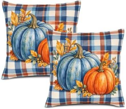 Plaid Home Accent Pillow Covers 22x22 Inch Set of 2 Linen for Fall