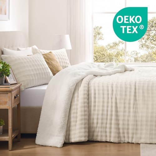 downluxe Ultra-Soft Micromink Sherpa King Comforter Set, Beige - Plush