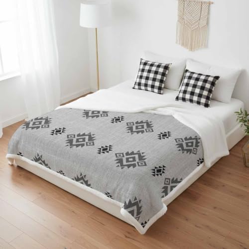Fleece Sherpa Bed Blankets, Grey Boho Microfiber Plush Flannel Throw