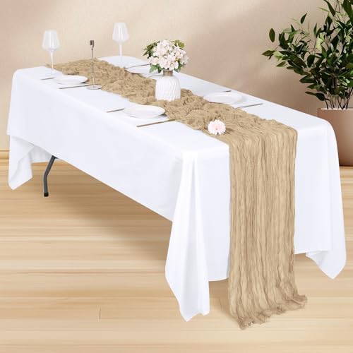14 Pack Beige Cheesecloth Table Runner 17x108 Inch Semi Sheer Boho