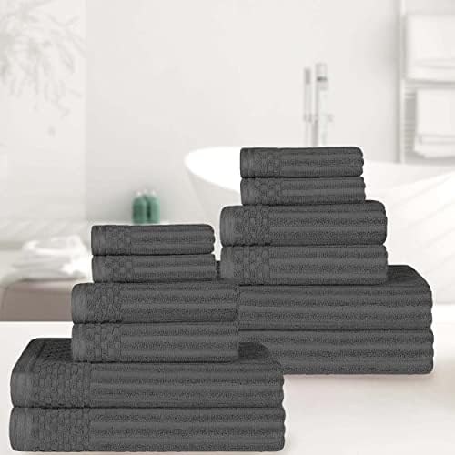 SUPERIOR Cotton 12-Piece Solid and Ribbed Towel Set, Face Towels 13” x