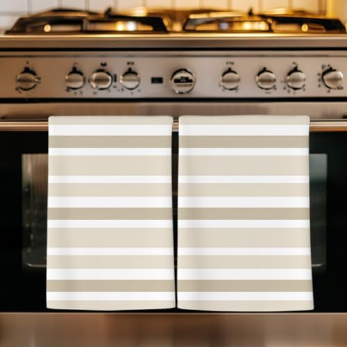 Beige Brown Striped Kitchen Towels Set of 3, Absorbent Microfiber Dish