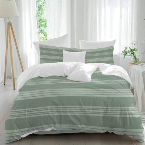 Sage Green Stripe Farmhouse Duvet Cover Set-4 Pieces Cal King Bedding