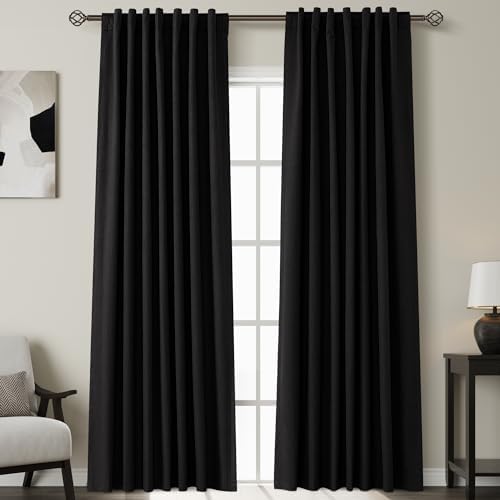 Black Linen Blackout Curtains 84 Inches for Bedroom Pinch Pleated