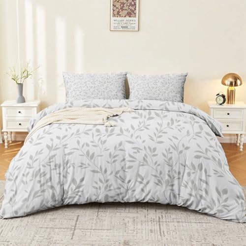 Duvet Cover King - Simple Leaves Vines Bedding Set Light Gray Soft