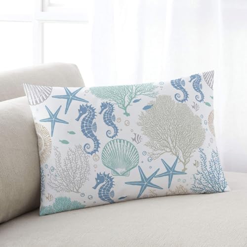 Outdoor Pillow Covers with Inserts,Coral Seahorse Coastal Waterproof